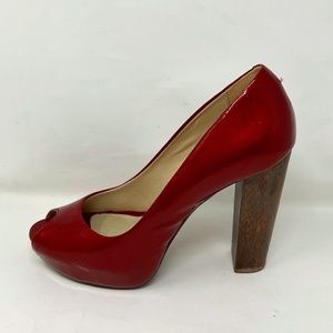 Aldo Red Patent Leather Wooden Sole Peep Toe Platform Pumps